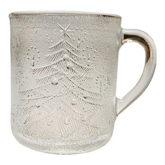 Set Of 2 Christmas Tree Mugs Cups Frosted Clear Tempered Glass, Duralex France - Picture 1 of 5